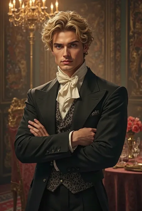 Casanova guy,with curly hair and blond locks,in stylish clothes and bright gray eyes
