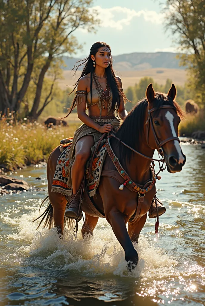 Create an image of a beautiful and fierce Native American warrior woman from the Comanche Nation, sitting gracefully atop her horse as they wade through a clear, flowing river in 14th-century North America. She wears a finely crafted buckskin dress, decora...