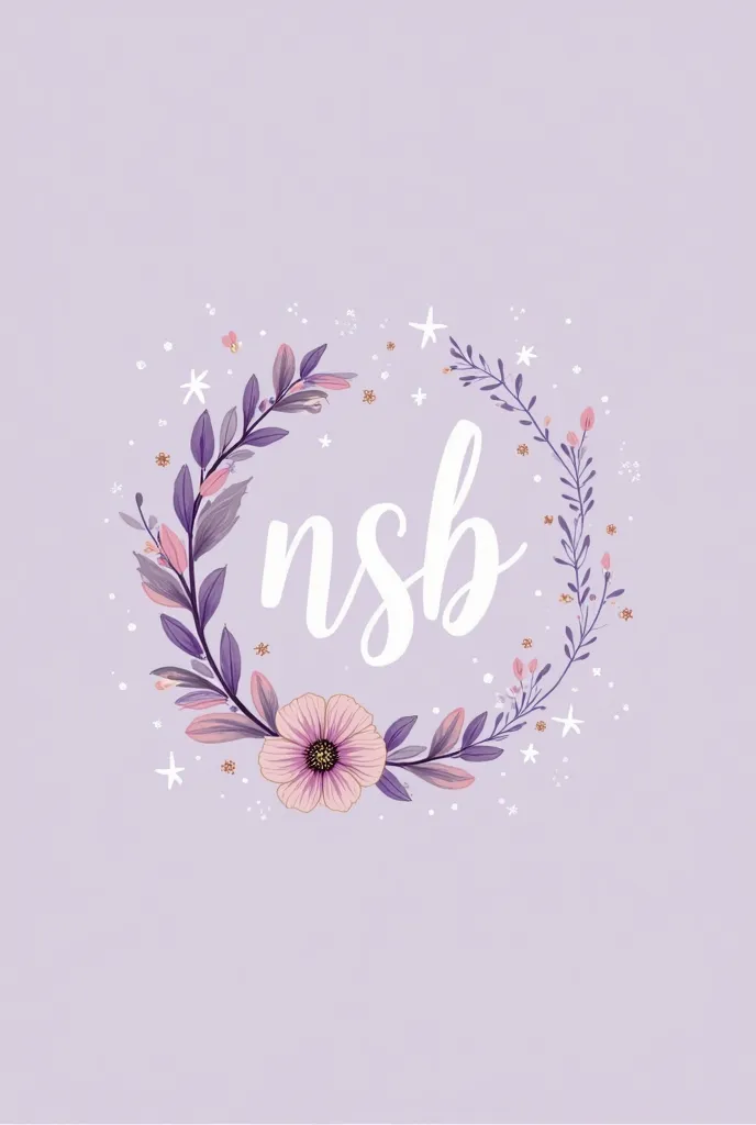 Cute logo with little stars and flower petals all in lavender, that has the initials “NSB” in white and aesthetic typography 