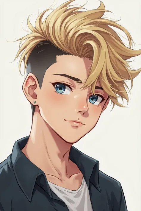 A handsome boy with blue eyes, dark blond hair, he has fluffy gradient haircut thrown forward on the forehead, he is 18