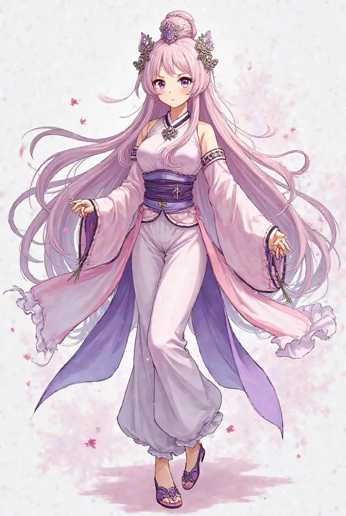 Ancient Chinese anime character, long hair, light pink, with light purple jewelry on her head, wearing a light pink blouse with a light purple combination, light pink pants with a light purple combination, Chinese antique Chinese shoes, light pink mixed wi...