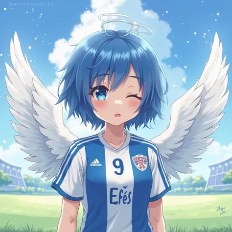 The blue short-cut anime sweet girl has a blue and white football jersey on her friend and on the back of the jersey it says 9 under Efes, it has angel wings and has a beautiful background.champions league themas