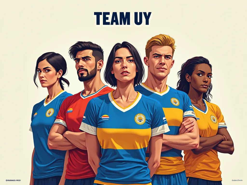 5 offenders 1 woman and 4 men , all dressed in Uruguayan colors. Centered at the top of the title "TEAM UY"