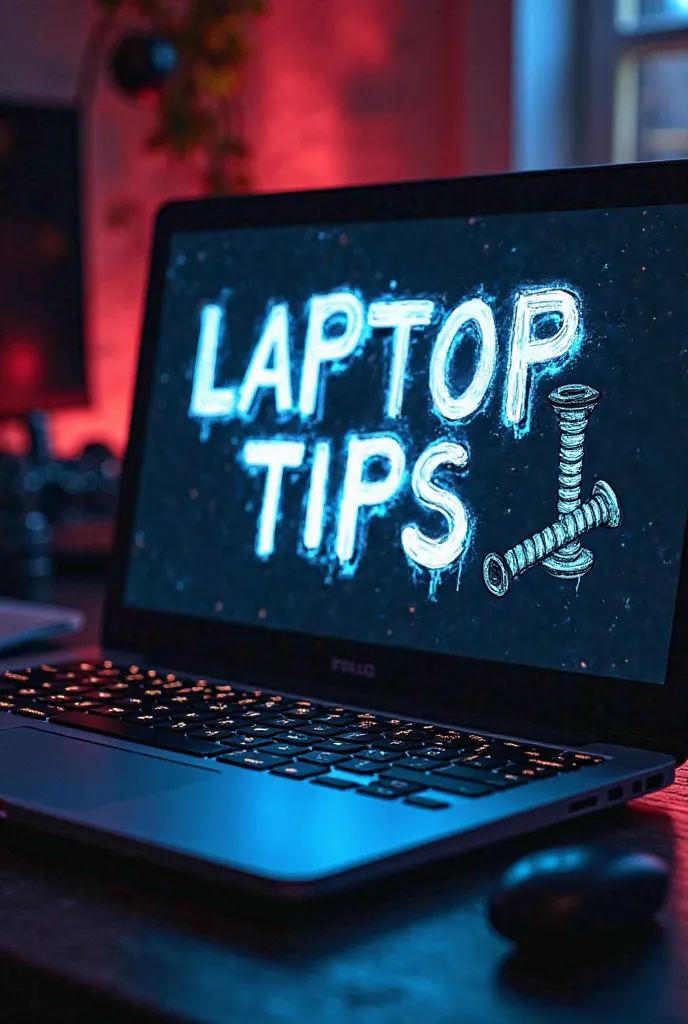 She generates a laptop that is on her own something gamer and that on the screen says laptop tips in Spanish and that has the drawing of a screw and that the letters are cool