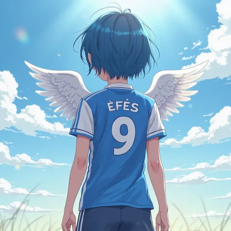 The blue short-cut anime sweet girl has a blue and white football jersey on her friend and on the back of the jersey it says 9 under Efes, it has angel wings and has a beautiful background.champions league themasShot from the back