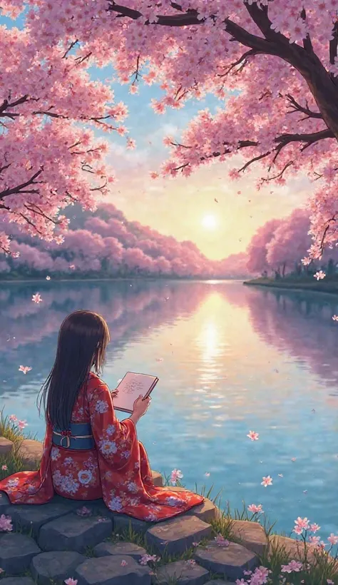 A peaceful anime landscape depicting a serene lake surrounded by cherry blossom trees in full bloom, with a gentle sunset casting a warm glow over the water. A girl in a traditional kimono is sitting by the lake, sketching the scenery