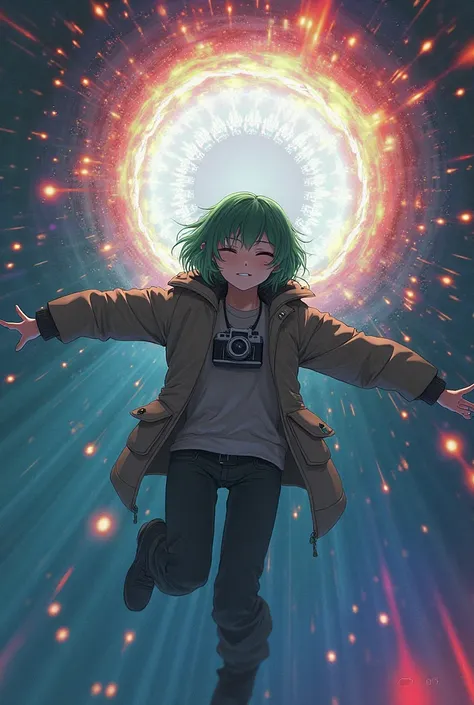 Create a realistic age girl falling inside a colorful portal. She has pale skin, short messy green hair and is wearing a simple cold outfit with a camera around her neck. A is falling and seems scared with her eyes closed without looking like a  I want her...