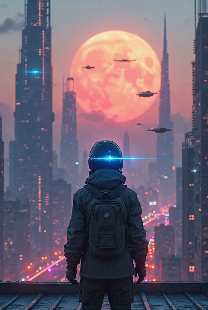  A futuristic city at dusk , with glass skyscrapers that reflect the orange light of the sun. There are flying vehicles in the sky and streets illuminated with neon lights in shades of blue and purple. in the foreground, a person wearing a technological ja...