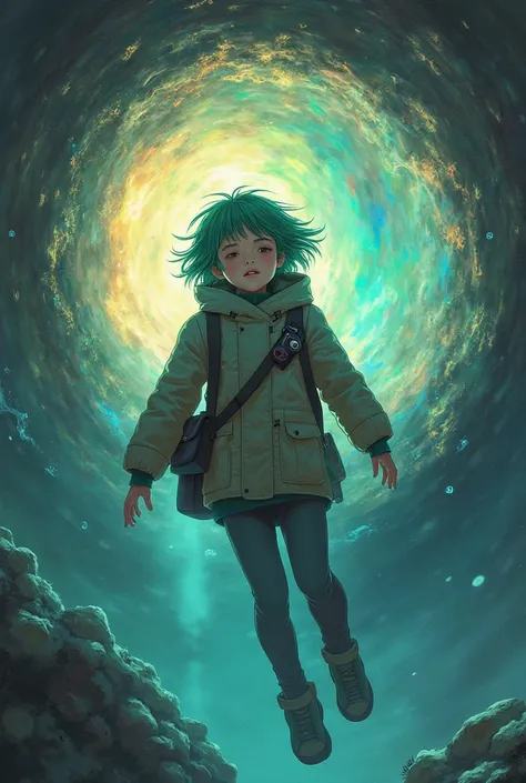 Create a realistic age girl falling inside a colorful portal. She has pale skin, short messy green hair and is wearing a simple cold outfit with a camera around her neck. A is falling and seems scared with her eyes closed without looking like a  I want her...