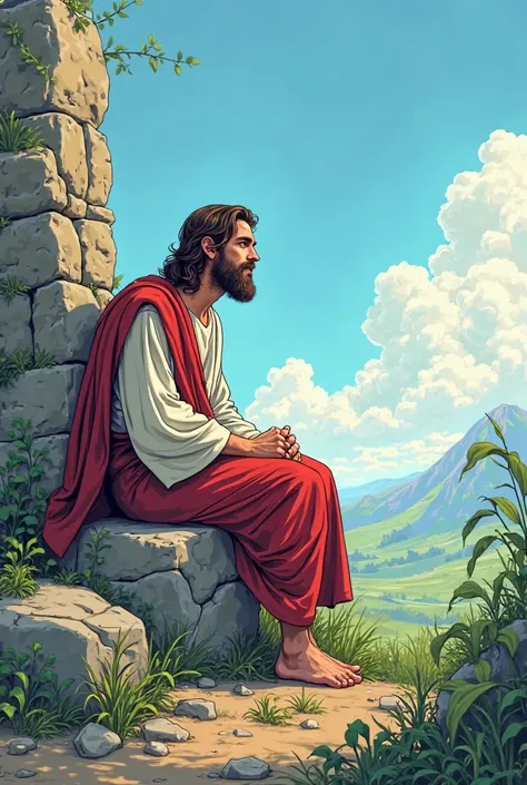 Generate a comic-style Jesus Christ waiting for a man who has not yet arrived sitting with his back on a stone in beautiful weather.

