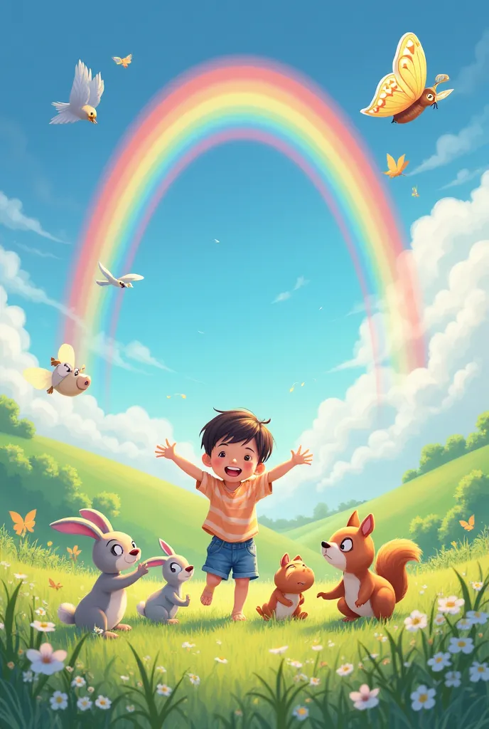 Cover
Title: Good Always Wins
Illustration: A bright, colorful scene of a sunny meadow with animals playing, ren laughing, and a rainbow in the sky.