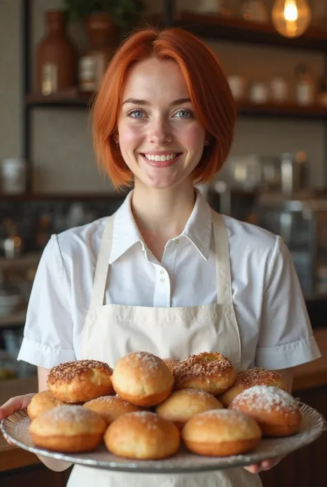 Generates an image of a young woman with fair skin, straight and short red hair, and deep dark blue eyes. She is dressed in a white baker's uniform, which includes an apron. In her hands she holds a tray full of assorted sweet bread, showing a friendly smi...