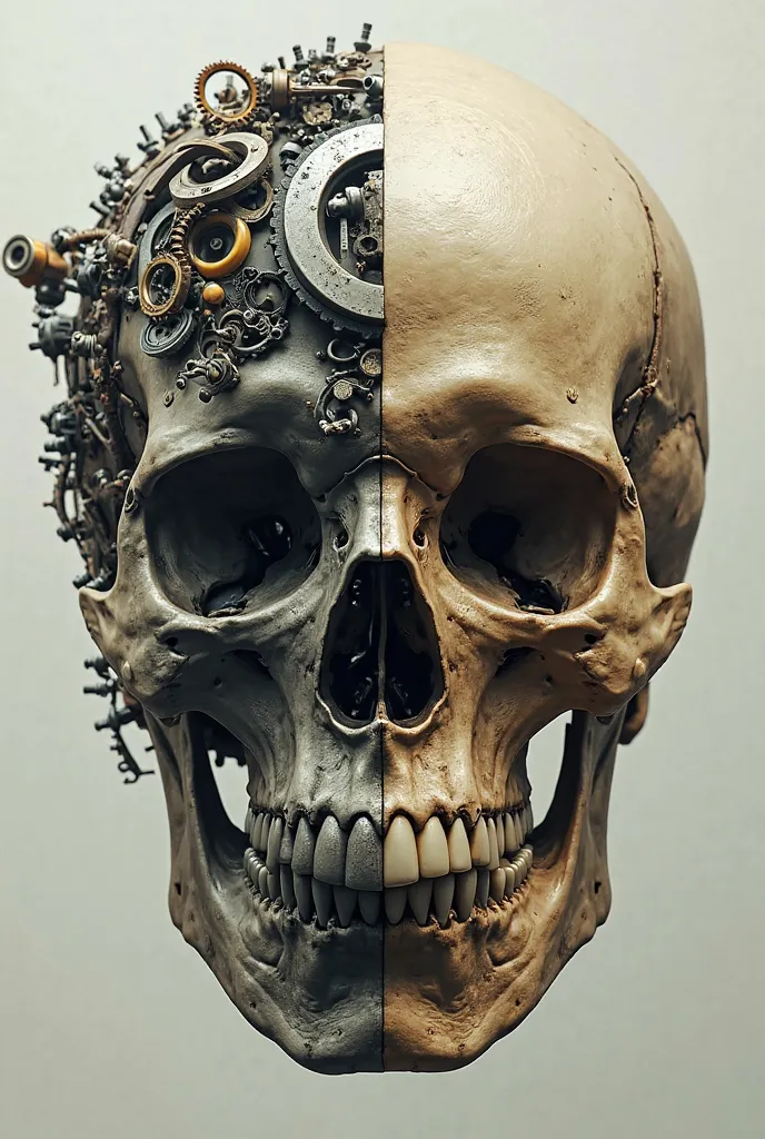 Image of a skull divided in half, , one half with engine parts and the other half related to thugs