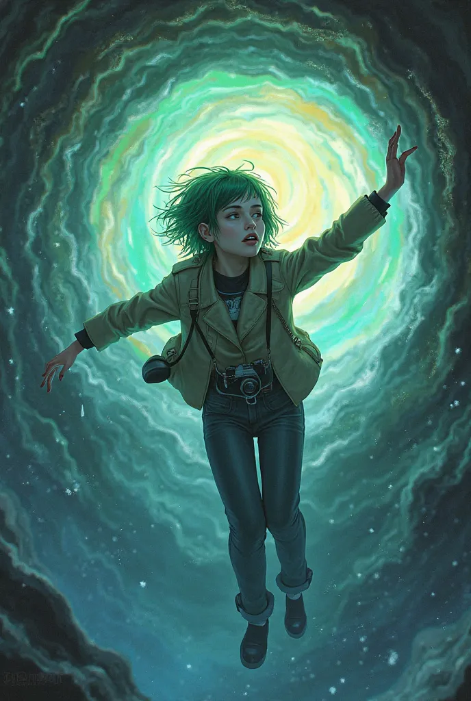 Create a realistic age girl falling inside a colorful portal. She has pale skin, short messy green hair and is wearing a simple cold outfit with a camera around her neck. A is falling and seems scared with her eyes closed without looking like a  I want her...