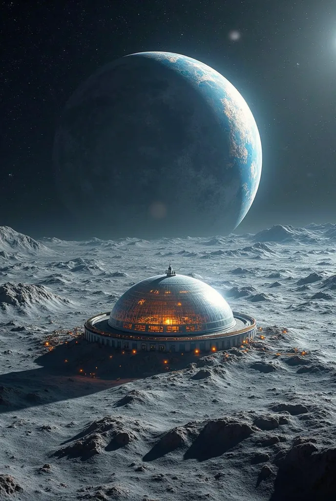 "A view of the Moon from space, with a massive glowing structure under the sunlight. The Earth is visible on the horizon, blue and distant. A translucent dome protects an advanced city built to withstand the harsh lunar environment."