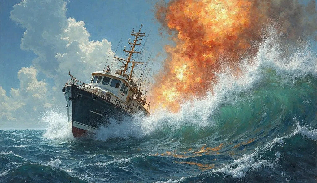 11.	The Boat Thrown by the Explosion: A fishing boat being tossed into the air by the force of the underwater blast. The crew is thrown to the deck, and the ocean around them churns violently. (Stock Photo Style)