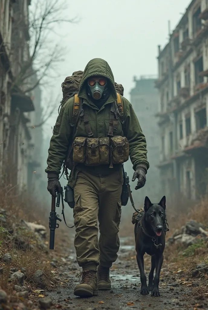 A man with a gas mask, a rucksack and armed wandering in Chernobile in the middle of abandoned buildings. A dog  on one side. 