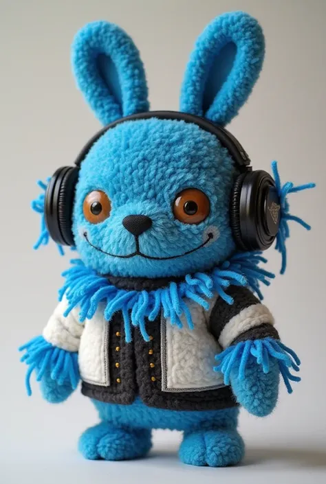 A blue fabric plush toy, with long droopy ears on the back of his head, a blue droopy fringe , with brown button eyes, a black nose, with black headphones a white and black jacket.