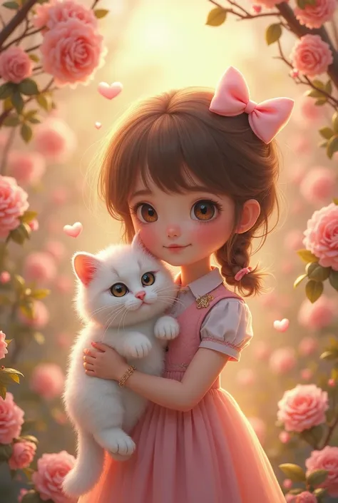 The stone pavement is reminiscent of a fairytale trail, An adorable  with silky brown hair and pink cheeks, bathing the image in a soft and warm glow. tenderly holds a cat fluffy white with expressive eyes, exuding a romantic and poetic sweetness.

 Around...