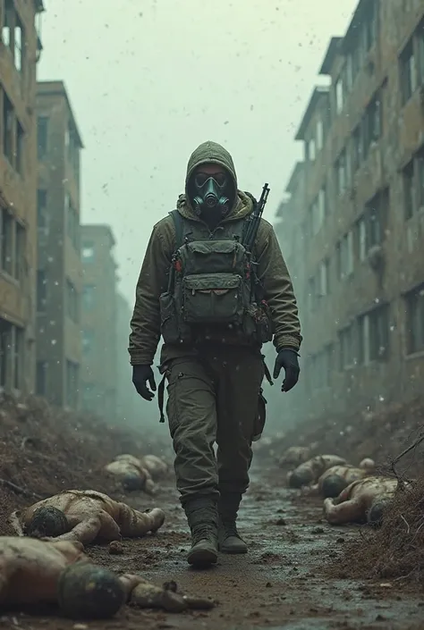 A man with a gas mask, An armed backpack wandering around Chernobile in the middle of abandoned buildings. Several human bodies lying on the ground. 