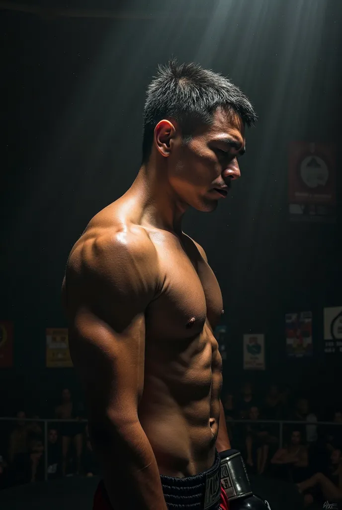 Side image of a Muay Thai fighter with both arms lowered looking at the floor inside a dark room with a light illuminating his head. Side camera  