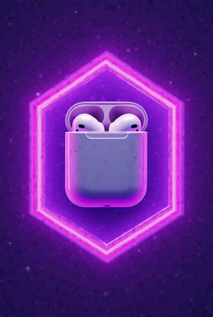 Logo with airpods in the center and frame around, purple background, square image   , neon style