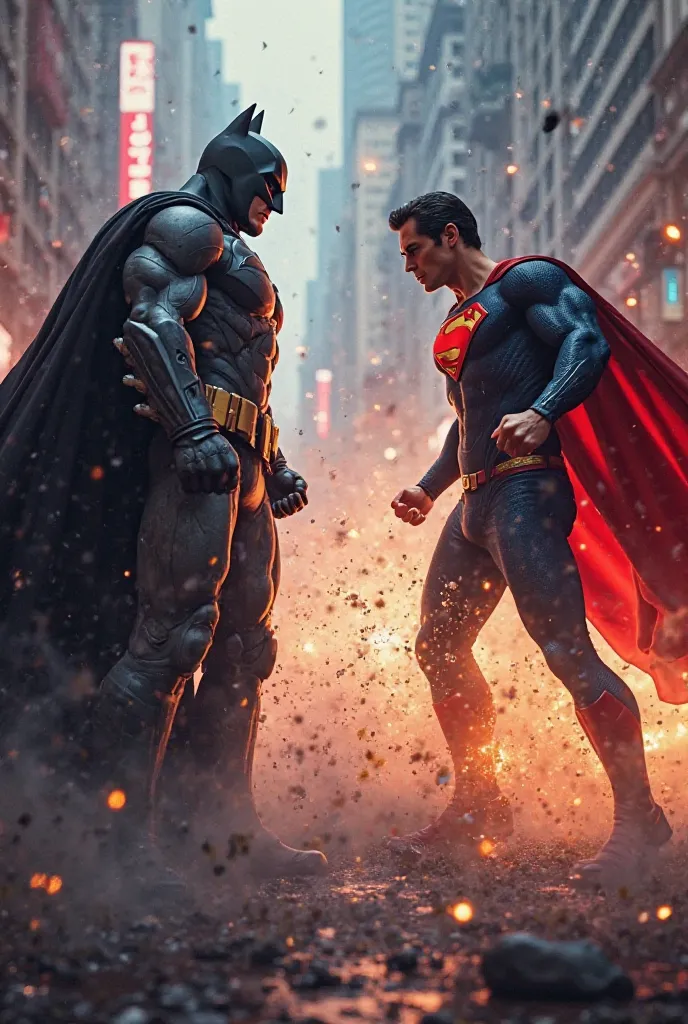 In the heart of New Excitement, two legends collide! Superman, the Man of Steel, soars through the sky, eyes glowing with unstoppable power. Batman, the Dark Knight, stands his ground, his tactical genius and advanced tech ready for battle. The city trembl...