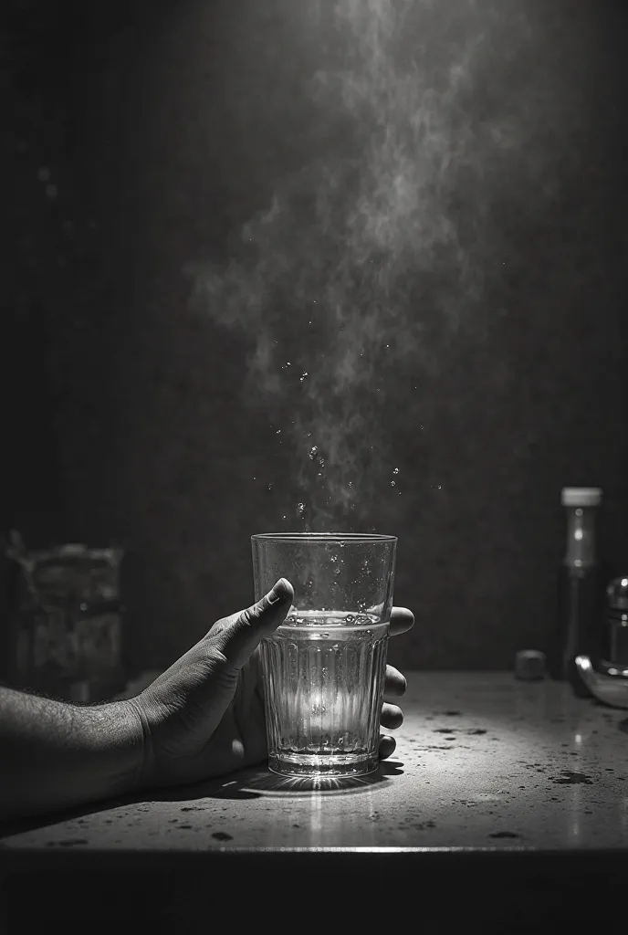 Horror image: a glass of water shaking in a kitchen with a man's hand holding it in black and white 