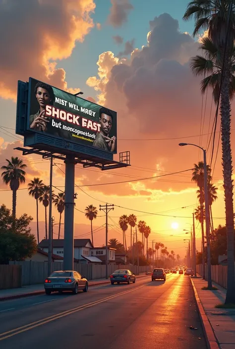 Create a realistic image of a billboard in the hood in Los Angeles on a summer evening... with the phrase 'Money comes fast, but consequences come faster.' written in the billboard, with a very detailed background of a beautiful sunny day