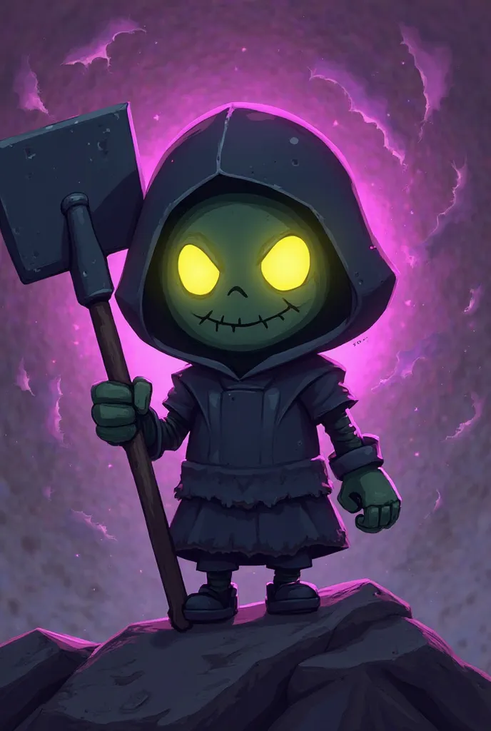 Mortis character from Brawl Star video games,Where do I want the image of that character to be chibi from Brawl Star to be an epic image where Mortis's shovel has flashes of dark purple and dark black  