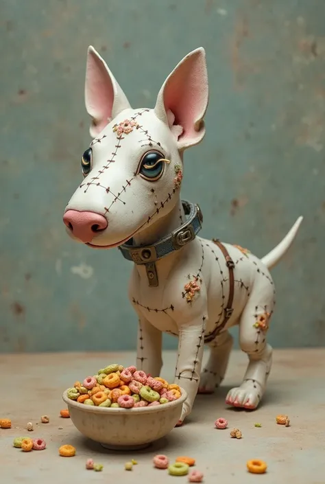 Create a Bull Terrier with a Frankenstein look in stop motion and that has a bowl with cereal in front of it.