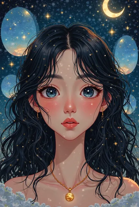  A young adult woman + pale skin+black hair, curly and long mirrors around the head with shining stars + cartoon style+moon pendant necklace 