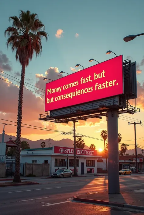 Create a realistic image of a billboard in the hood in Los Angeles on a summer evening... with the phrase 'Money comes fast, but consequences come faster.' written in the billboard, with a very detailed background of a beautiful sunny day