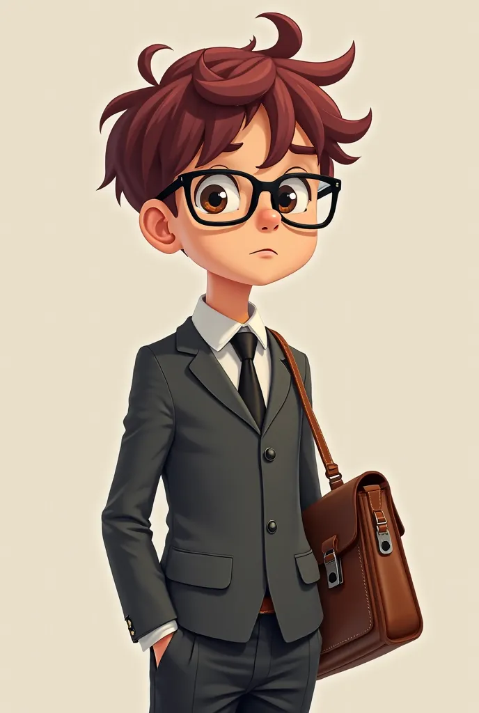 A boy with dark red hair, wearing black spectacles, wearing school uniform with bag.