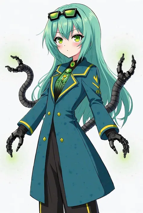 Draw a Girl with turquise green hair,engineer glasses on her hair,a turquise blue long jacket with a diamond shaped green symbol on it,and a long lord skirt black with yellow details and black pants. Arms/Tentacles: He has mechanical, black tentacles comin...