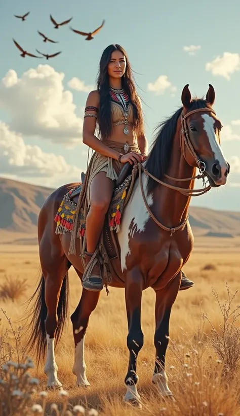 Create an image of a stunning and confident Native American warrior woman from the Kiowa Nation, sitting proudly atop her paint horse in the vast prairies of the Southern Plains during the 14th century. She Over the shoulder with a subtle smile,  radiating...