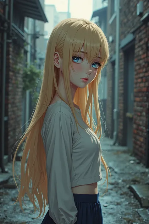 Anime girl with long blonde hair and blue eyes standing in the alley