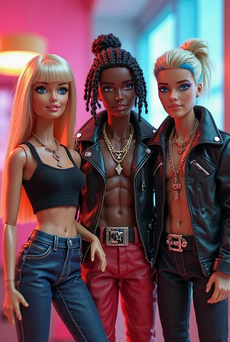 Blonde Barbie with a straight fringe and a rocker outfit accompanied by a Ken DJ with a dark complexion/Latino who wears a durag on his head covering the African braids that has, on the other side another Ken but white with a rocker outfit too and a light ...