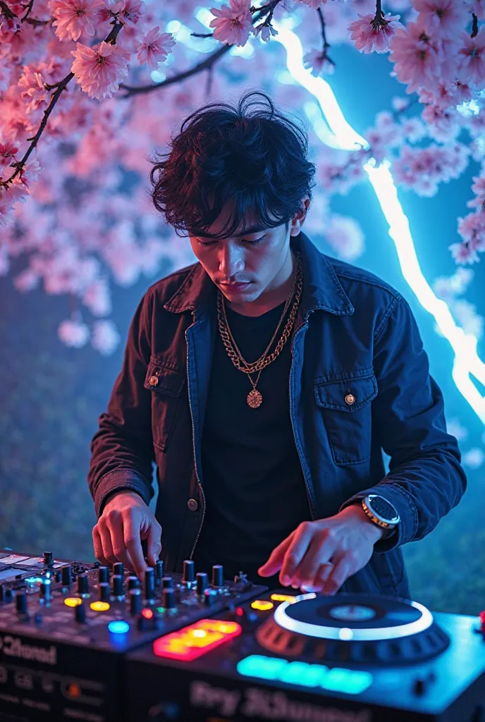 The image portrays a DJ immersed in his music, standing behind a vibrant DJ setup with neon-lit turntables and a mixer. The DJ, a young man with tousled dark hair, is dressed in a stylish jacket over a dark shirt, accessorized with a gold chain and a watch...