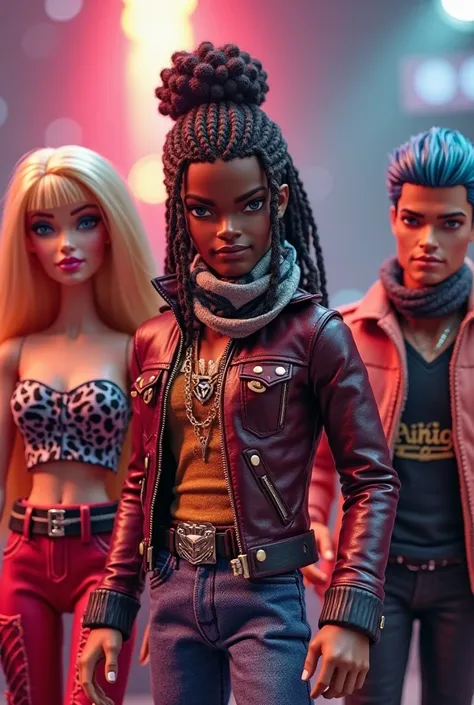 Blonde Barbie with a straight fringe and a rocker outfit accompanied by a Ken DJ with a dark complexion/Latino who wears a scarf over his head covering his African braids, on the other side another Ken but white with a rocker outfit too and a light blue ey...