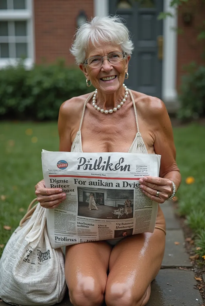 (photorealism:1.2),totally naked 70 year old beautifull elegant woman holding many  broardsheet newspaper tight under her  naked wet big massive breast , headline" Politiken Søndag" with red  stripe below,  pearl necklace smile jolly, very short hair, knee...