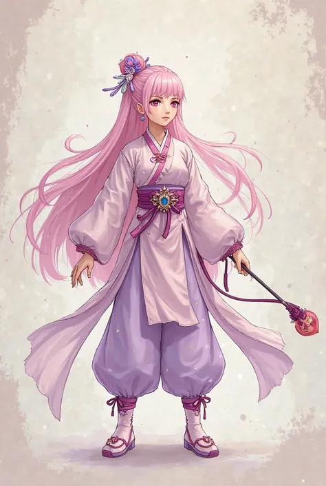 A female character in ancient China, with long light pink hair, light purple jewelry on her head, wearing a light pink blouse with a light purple combination, light pink pants with a light purple combination, a light pink Chinese series of shoes, a light p...