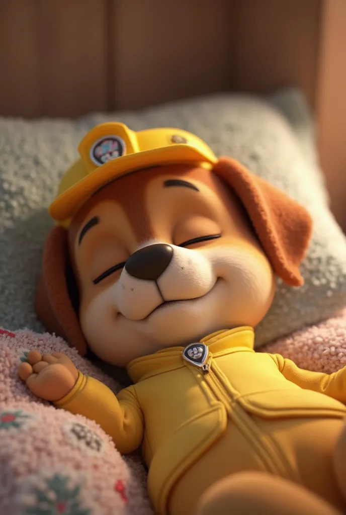 Image 3D style Pixar chien bouledogue anglais avec chapeau construction jaune et veste jaune sans manche Reuben pat patrouille fait dodo dans son lit  vue de près 