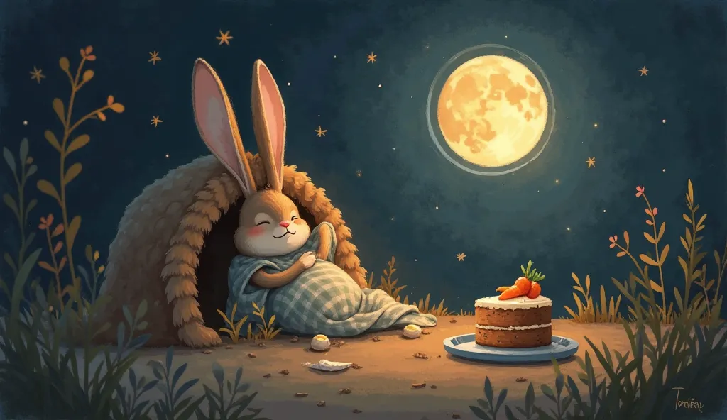 A Happy Ending
"A cozy night scene as the bunny snuggles in his burrow, wrapped in a soft blanket, smiling with happiness. A glowing moon shines through a small round window, casting a gentle light inside. A few birthday decorations remain, and a half-eate...