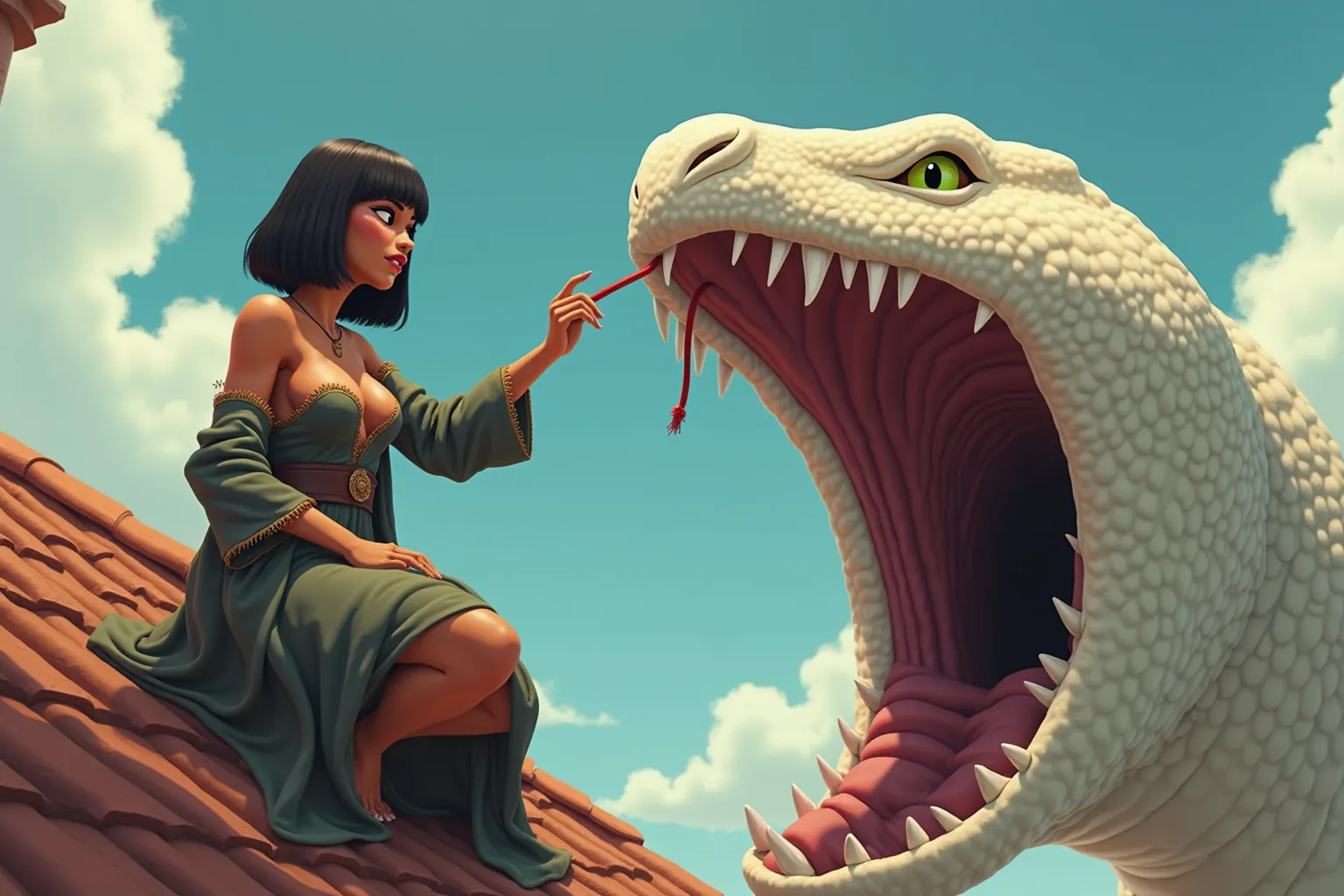 A Pixar style shot of a muscular woman kneeling on a roof on the left, dressed in a sexy mage robe, brown skin, straight black bob cut with blunt bangs, large breasts, round butt, and curvy figure. Next to her is the massive head of a giant serpent to the ...