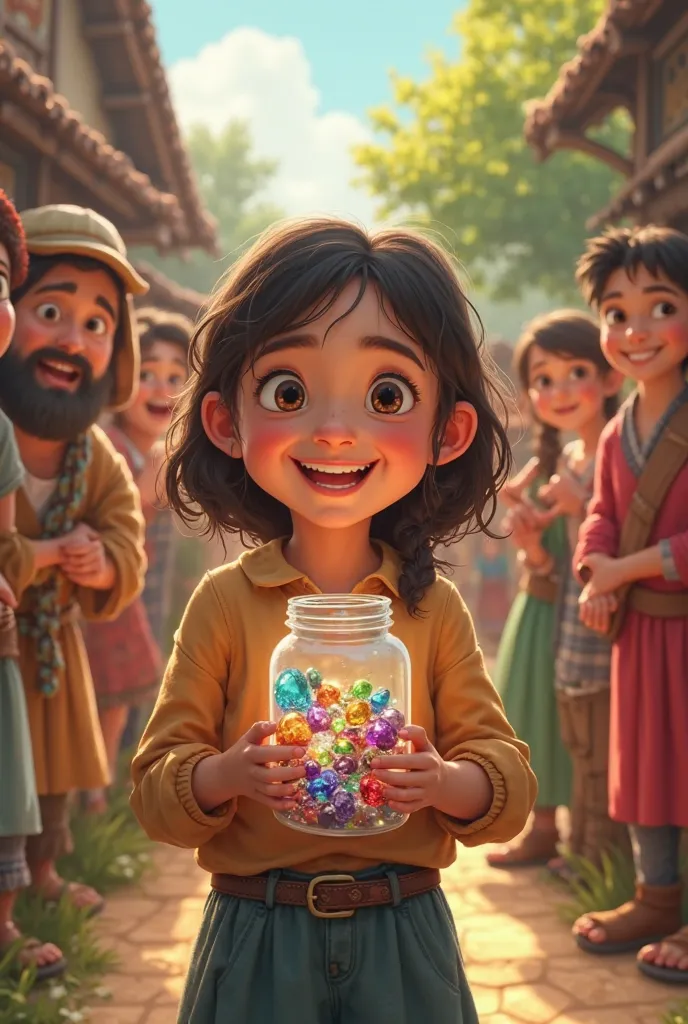 Mia holding a jar filled with colorful stones, surrounded by smiling villagers.