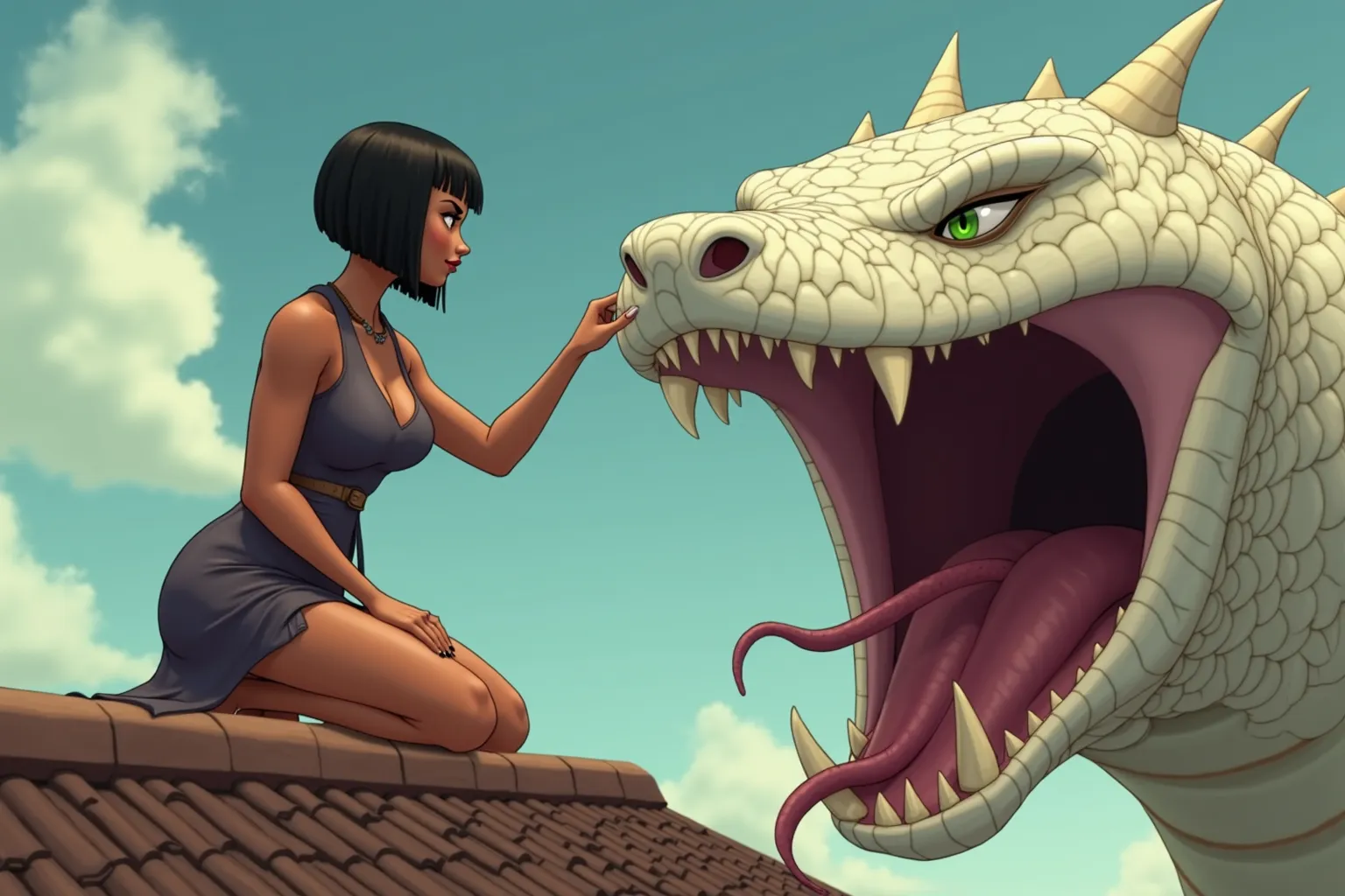 A Pixar style shot of a muscular woman kneeling on a roof on the left, dressed in a sexy mage robe, brown skin, straight black bob cut with blunt bangs, large breasts, round butt, and curvy figure. Next to her is the massive head of a giant serpent to the ...