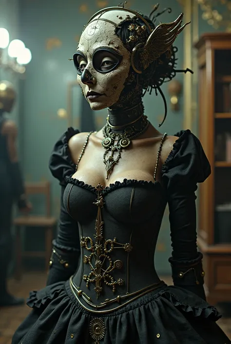 necromechanical female humanoid in broken sisnister doll mask in circus corset, dress room. gothic, clockpunk. fantasy. grunge. warm tones. ray tracing. atmospheric. fine art. cartoon graphic of tim burton style. inexplicable hyperrealism, maximum detail, ...