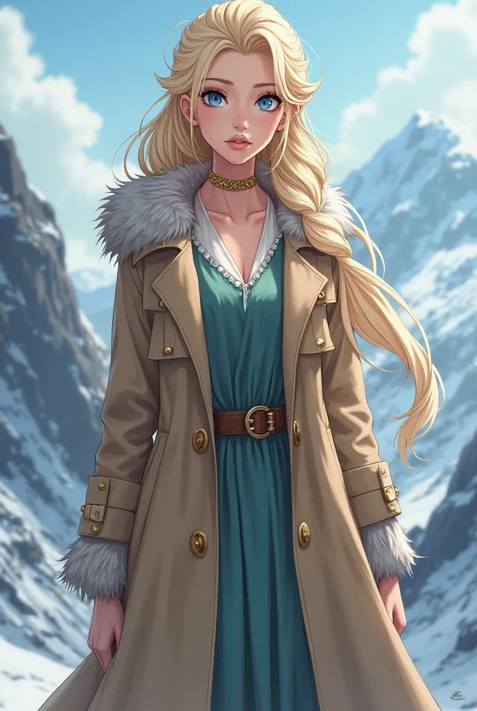 Young adult girl , dominante dThe ice  como la diosa laufey, with blond hair, with a Viking hairstyle and sky blue eyes, She usually dresses very elegantly and gives off confidence when walking. She always wears her nails painted white and wears a light br...