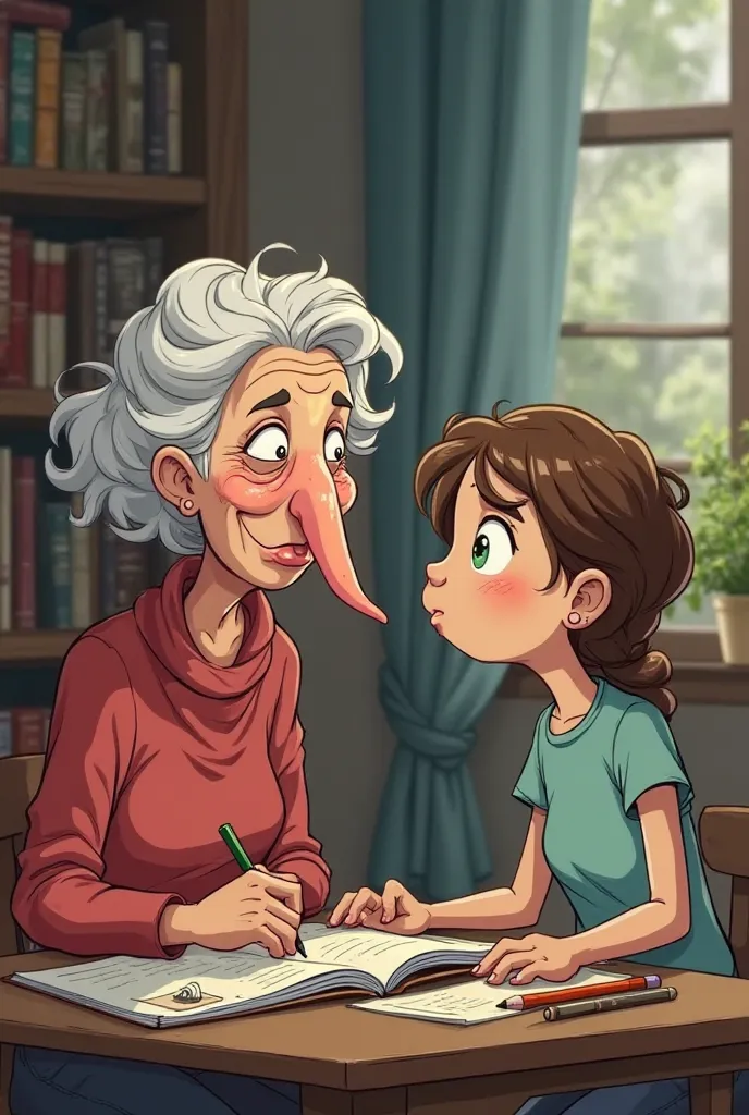 Design a funny anime-style image of an old lady with a long, witch-like nose and a big mole, sitting with her 20-year-old granddaughter, who is seriously studying while the grandma gives her weird, unsolicited advice."

